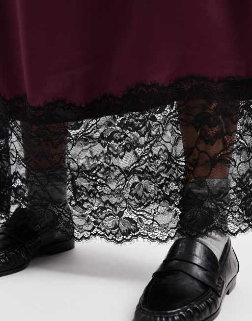 Miss Selfridge satin and lace bias maxi skirt in fig, 5 of 5
