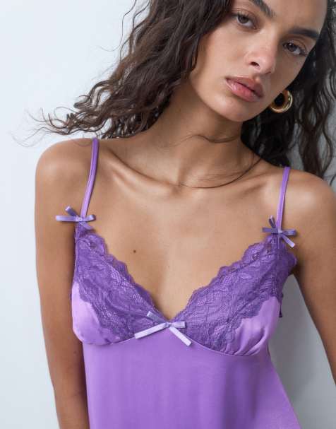 Miss Selfridge satin and lace cami top in grape - view 1