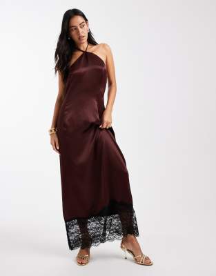 Miss Selfridge Satin And Lace Halter Maxi Dress In Brown