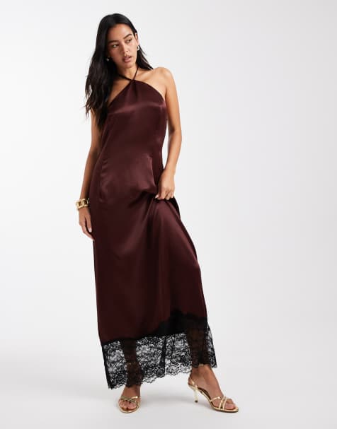Miss Selfridge satin and lace halter maxi dress in chocolate - view 1