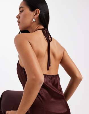 Miss Selfridge Satin And Lace Halter Maxi Dress In Brown
