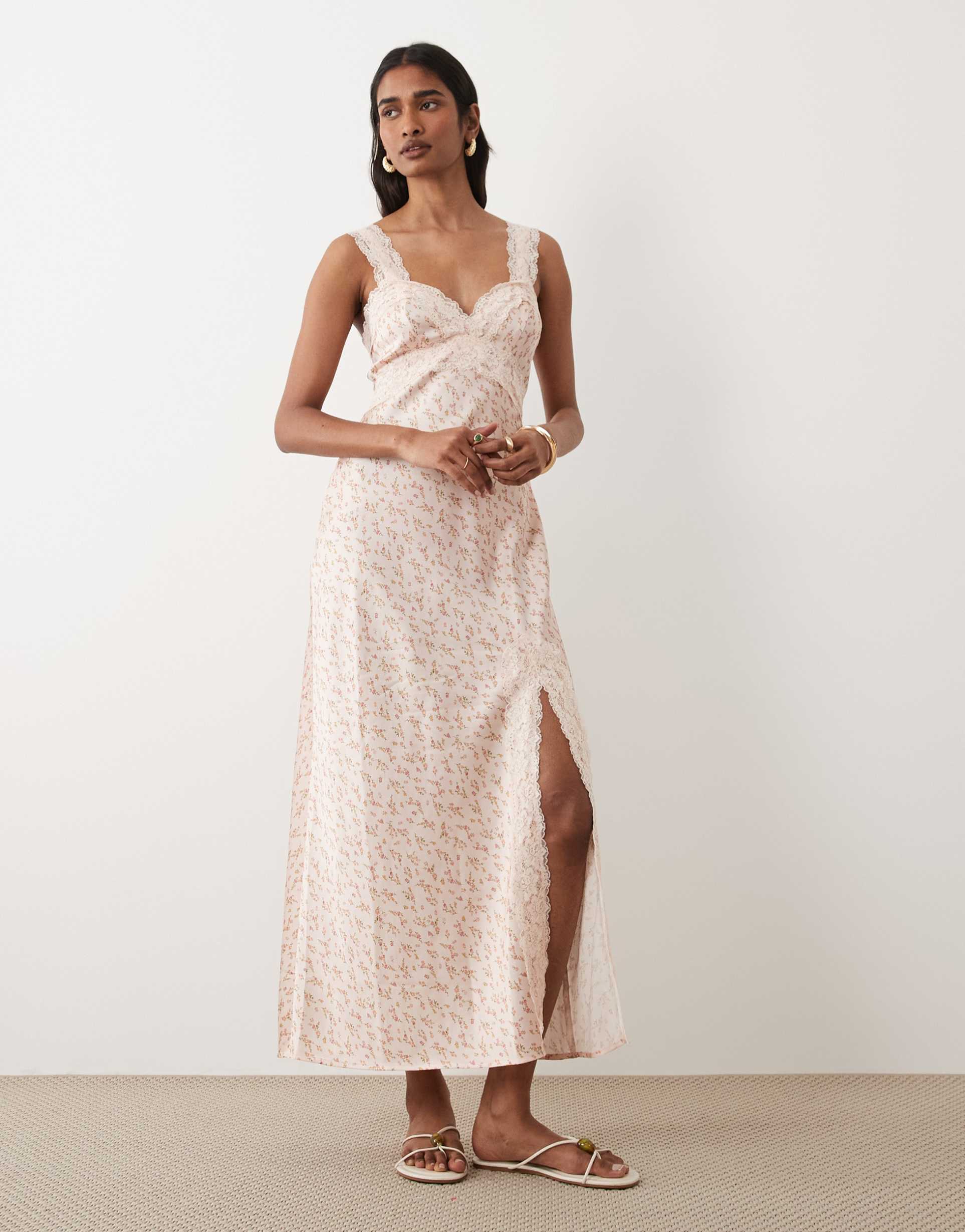miss selfridge satin and lace maxi dress in pink floral print