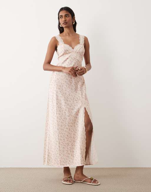 Miss Selfridge satin and lace maxi dress in pink floral print-Multi