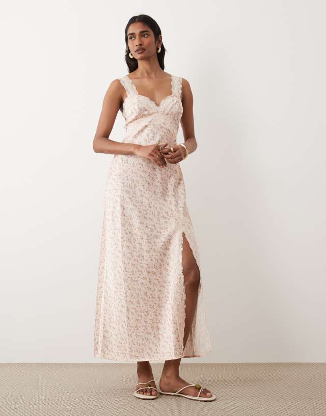 Miss Selfridge satin and lace maxi dress in pink floral print | ASOS