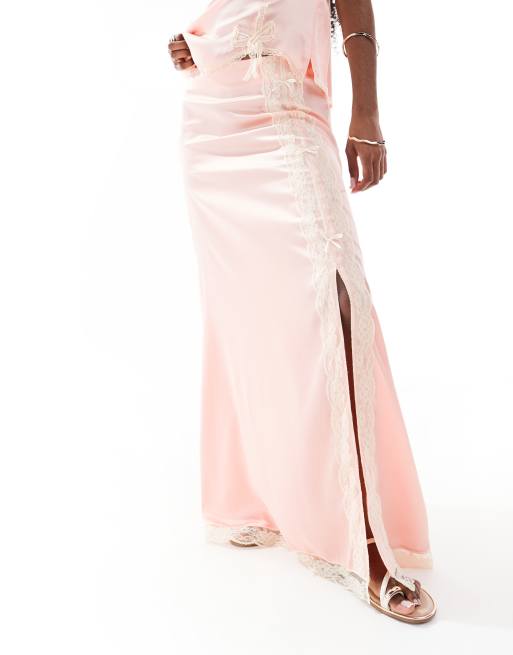 Miss Selfridge satin and lace maxi skirt co-ord in pink, 4 of 5