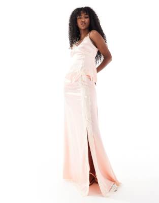 Miss Selfridge Satin And Lace Maxi Skirt In Pink