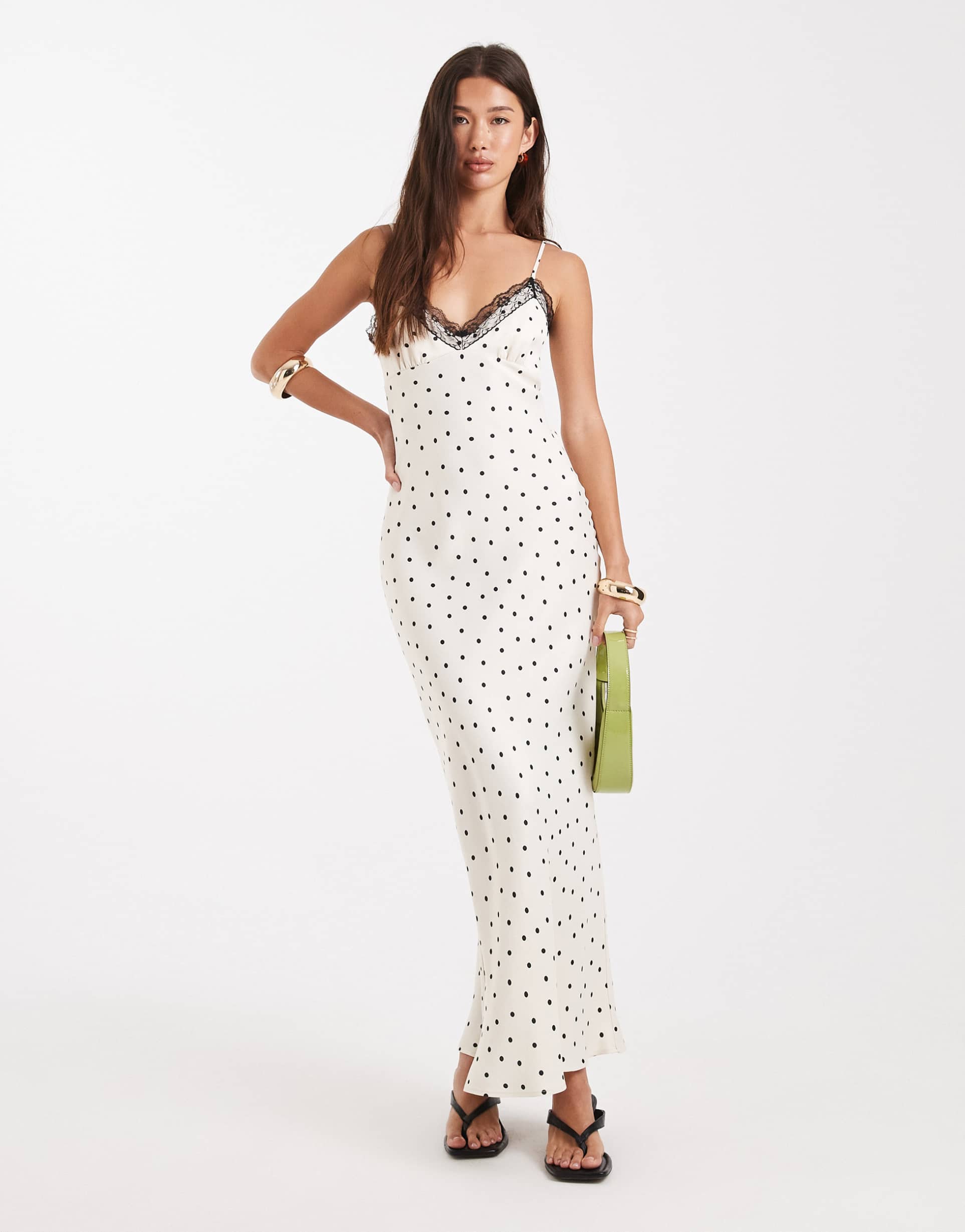 miss selfridge satin and lace midi dress in polka dot