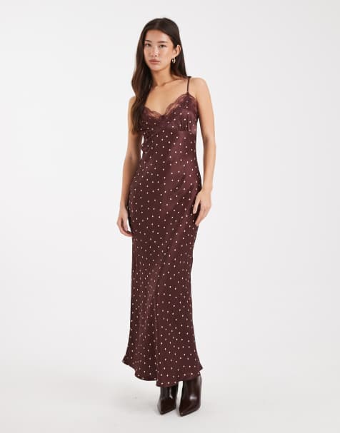 Miss Selfridge satin and lace midi dress in polka dot - view 1