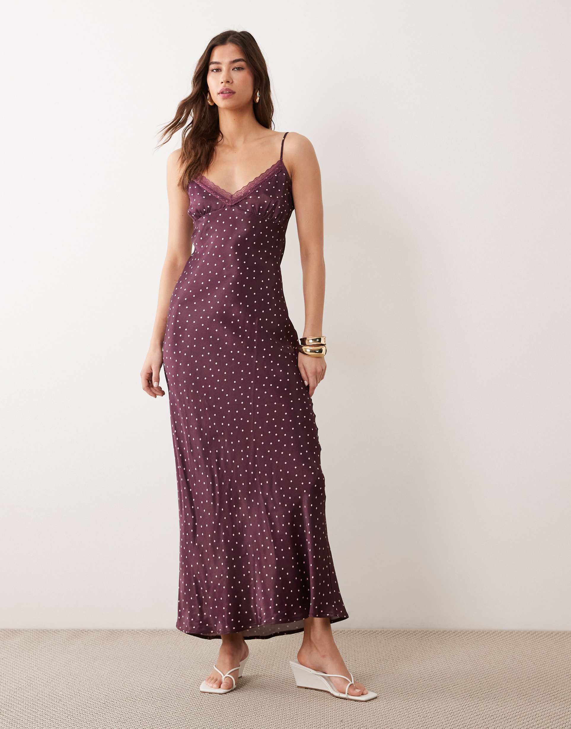 miss selfridge satin and lace midi dress in polka dot