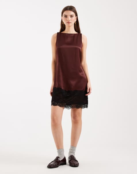 Miss Selfridge satin and lace shift dress in chocolate - view 1