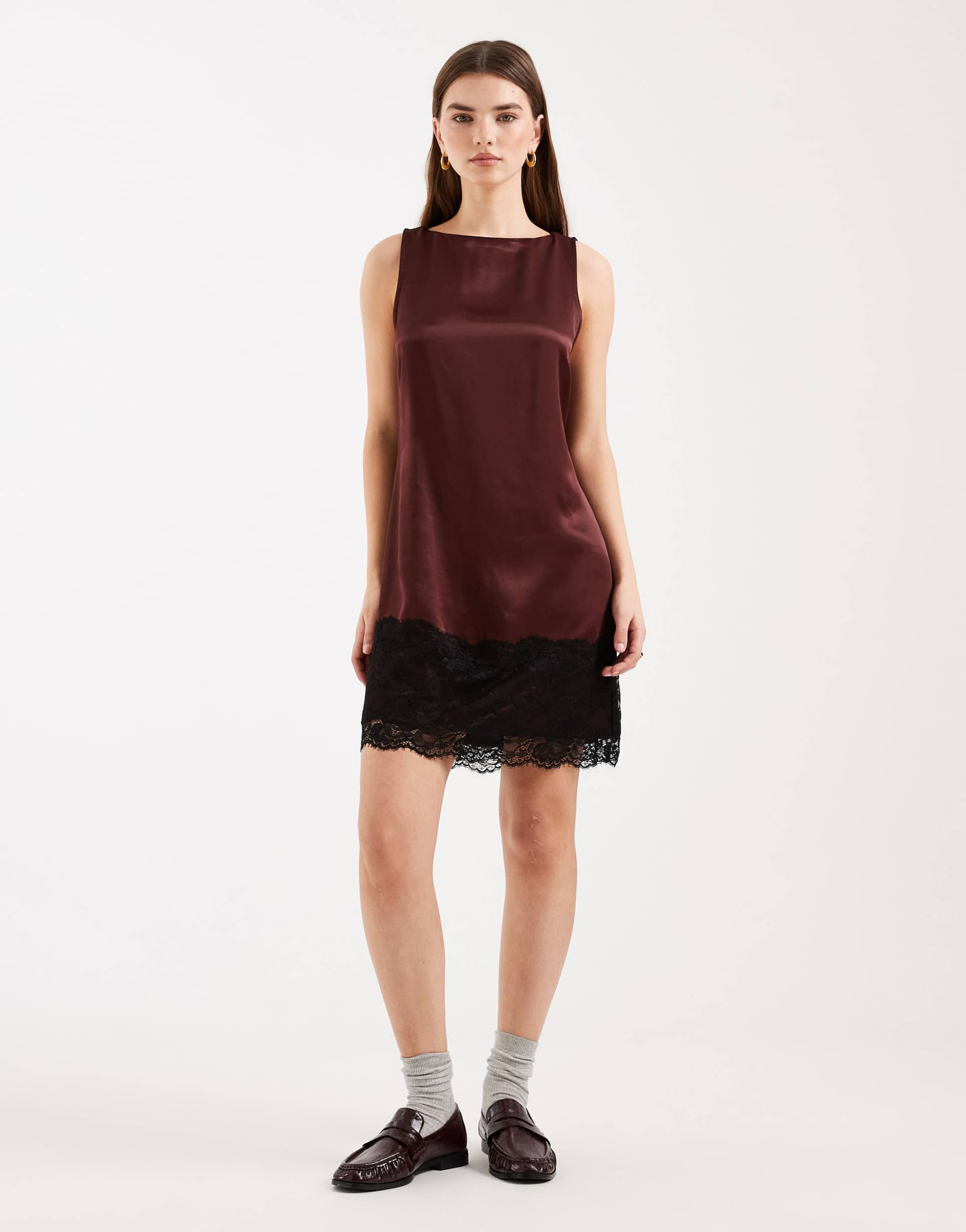 miss selfridge satin and lace shift dress in chocolate