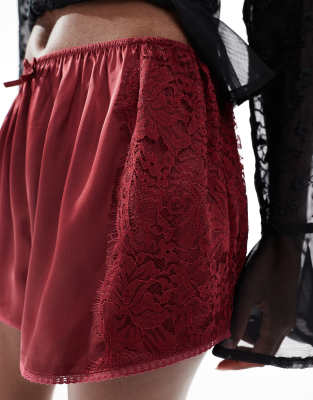 Miss Selfridge Satin And Lace Shorts In Red