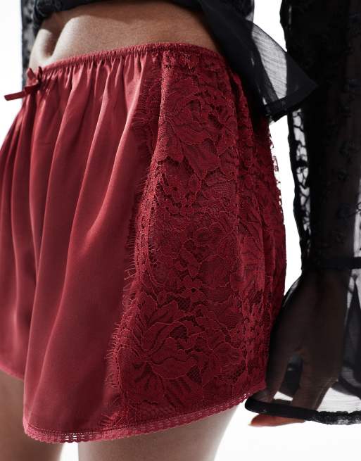 Miss Selfridge satin and lace shorts in burgundy, 2 of 5