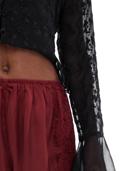 Miss Selfridge satin and lace shorts in burgundy, 5 of 5