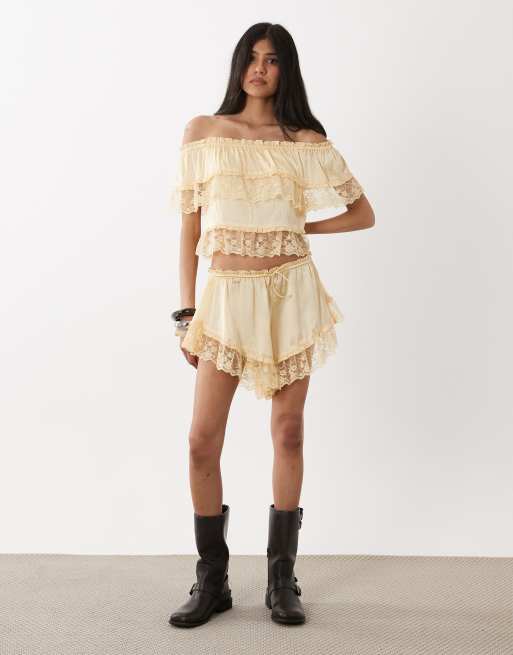 Miss Selfridge satin and lace shorts in buttermilk - part of a set