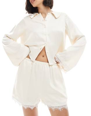 Miss Selfridge Satin And Lace Shorts In Neutral