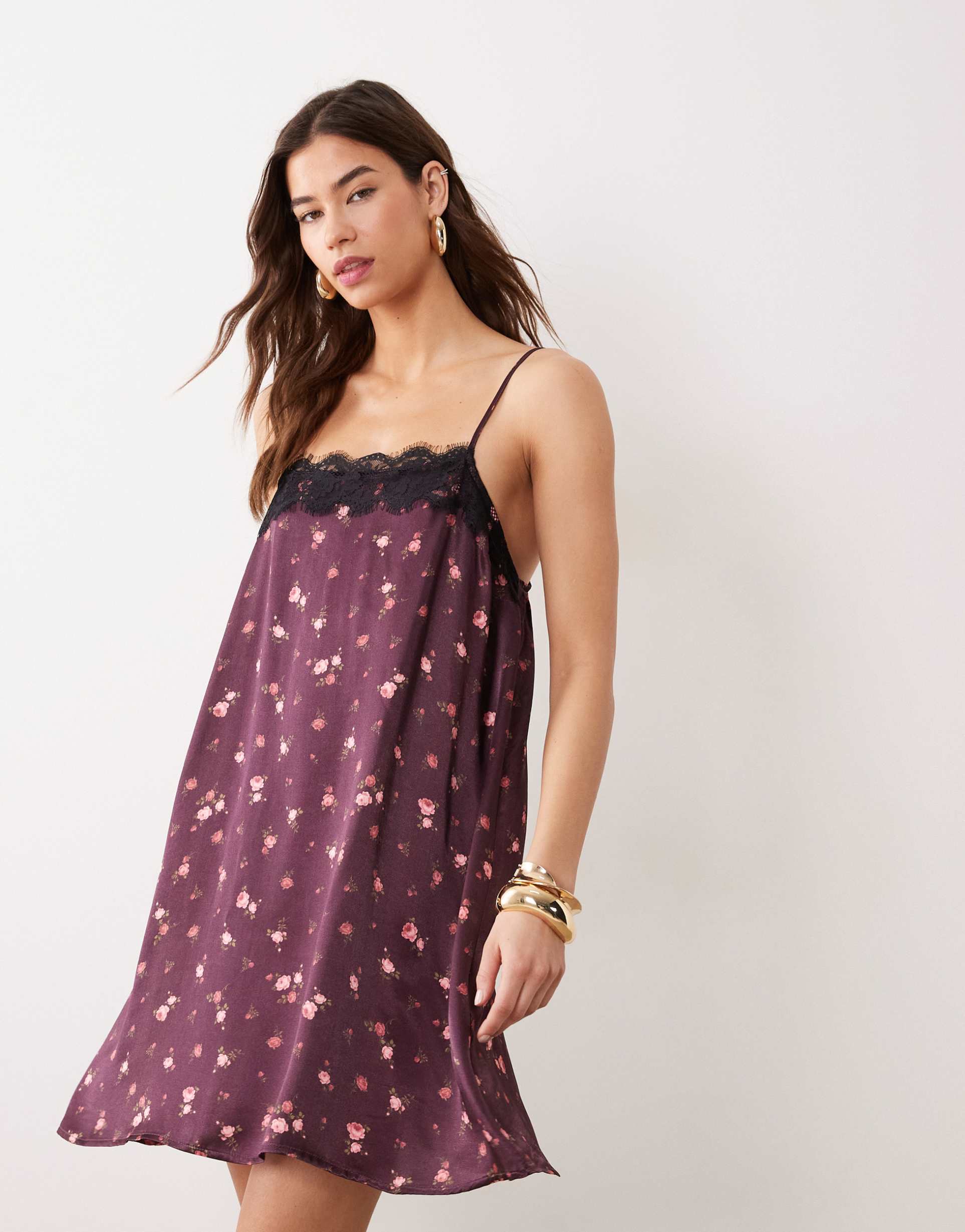 miss selfridge satin and lace trim cami mini dress