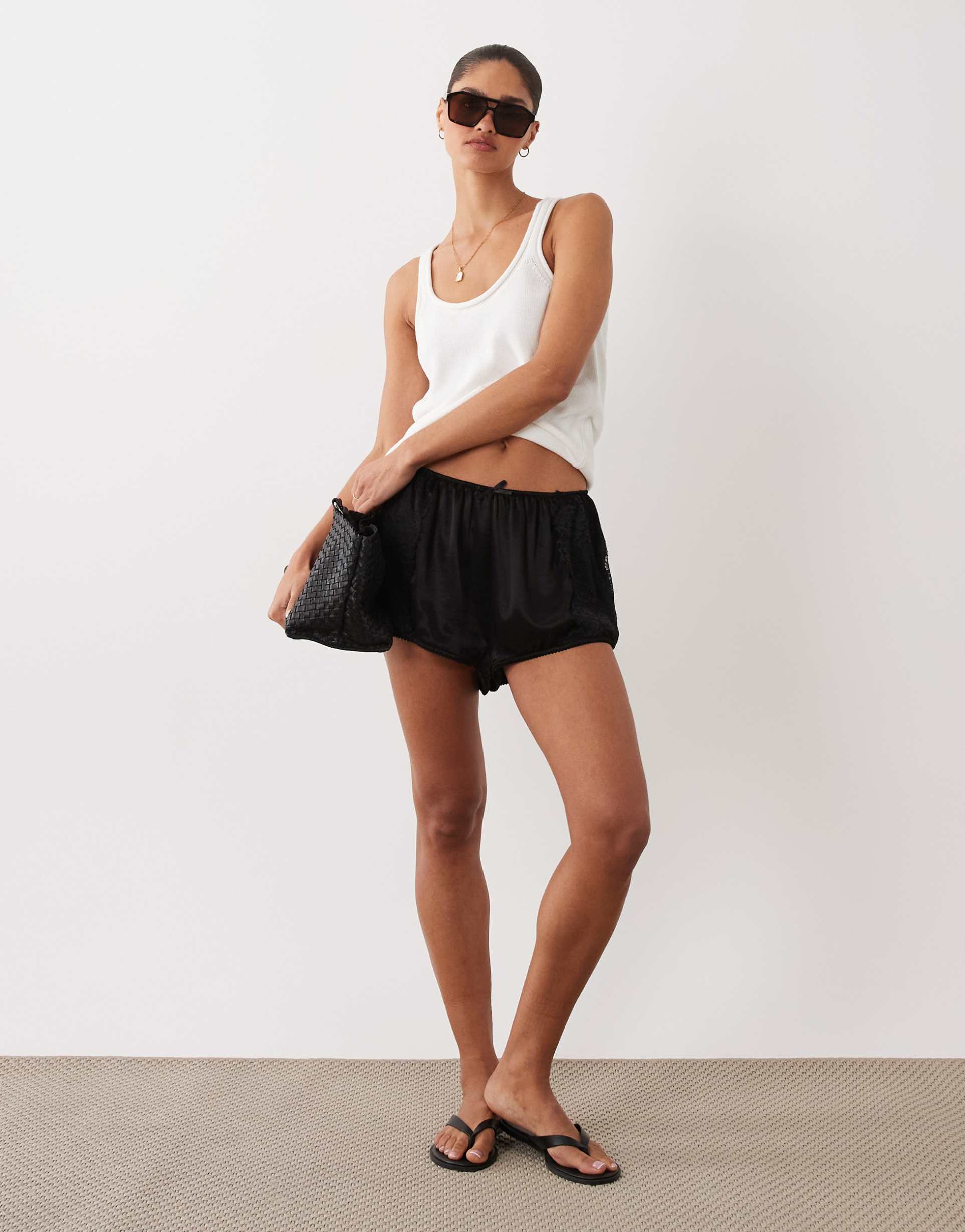 miss selfridge satin and lace trim shorts in black
