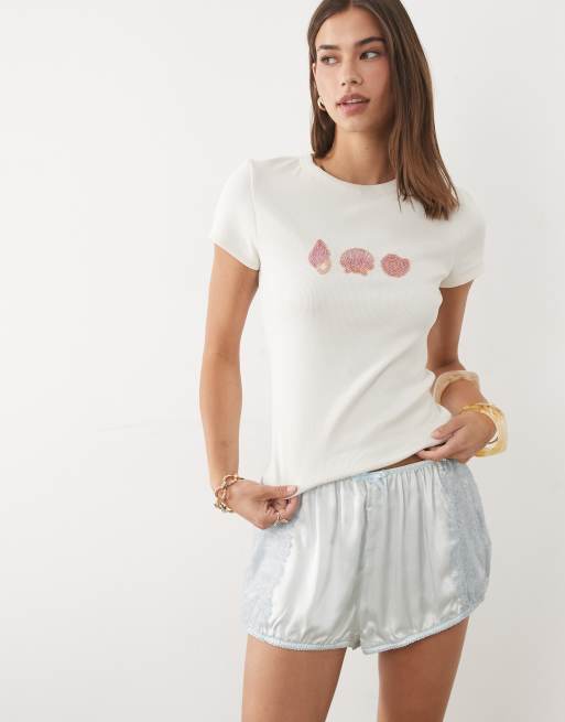 Miss Selfridge satin and lace trim shorts in blue, 4 of 5