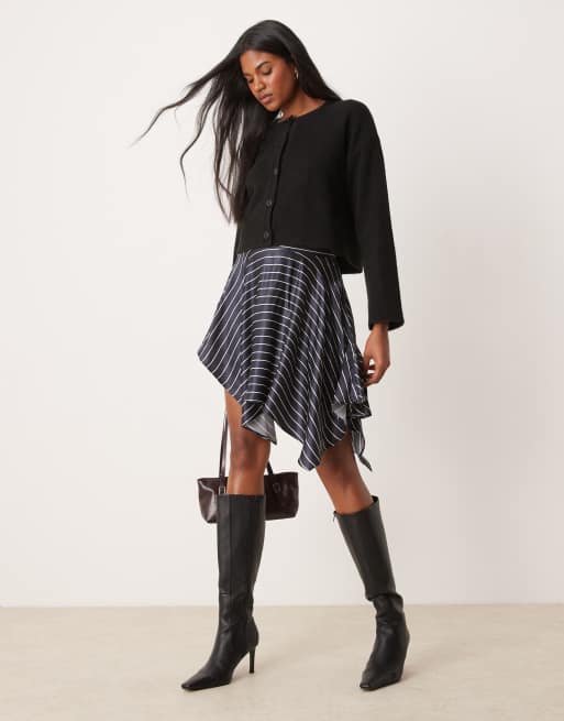 Miss Selfridge satin asym hem mini skirt in navy pinstripe