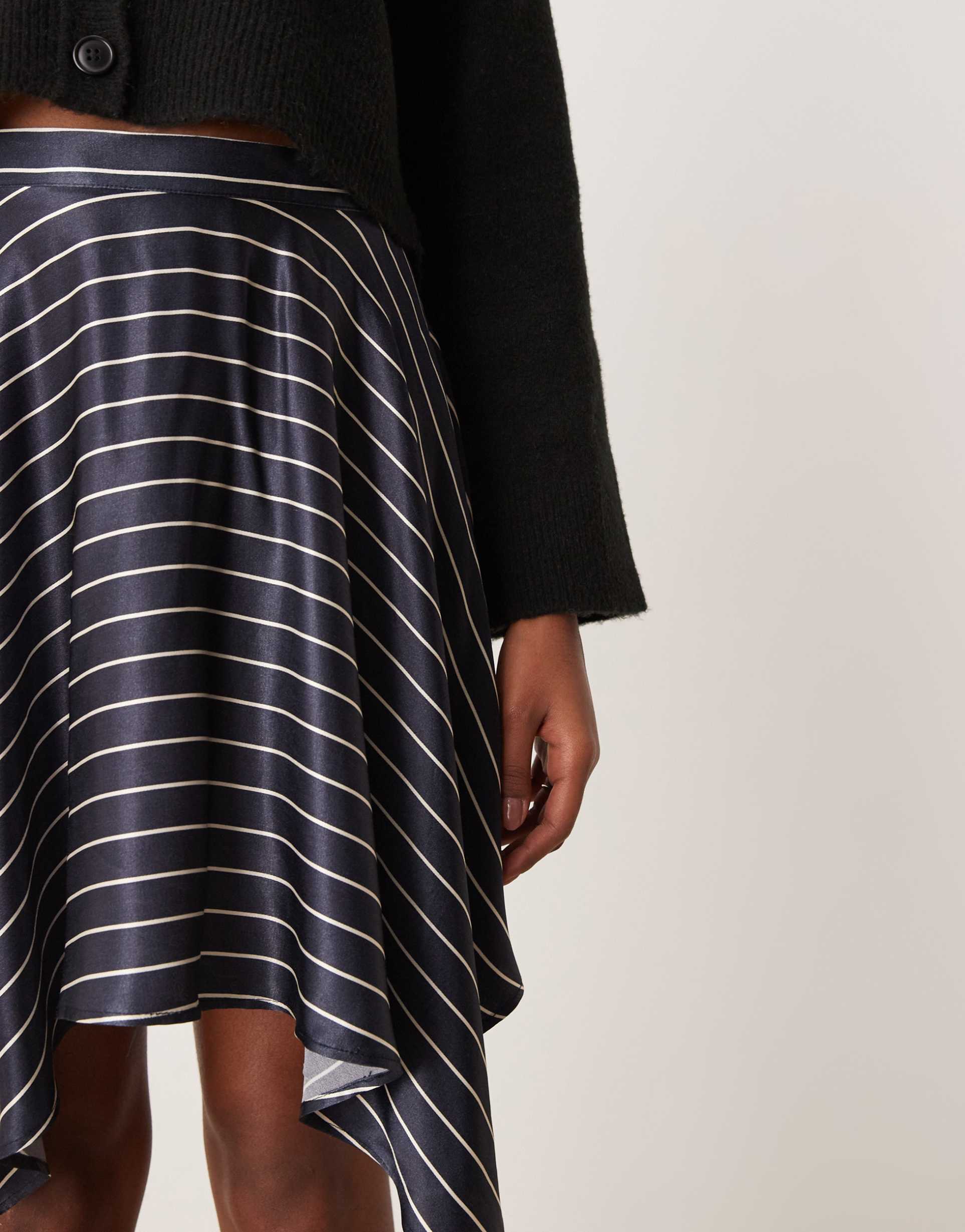 miss selfridge satin asymmetric hem mini skirt in navy pinstripe