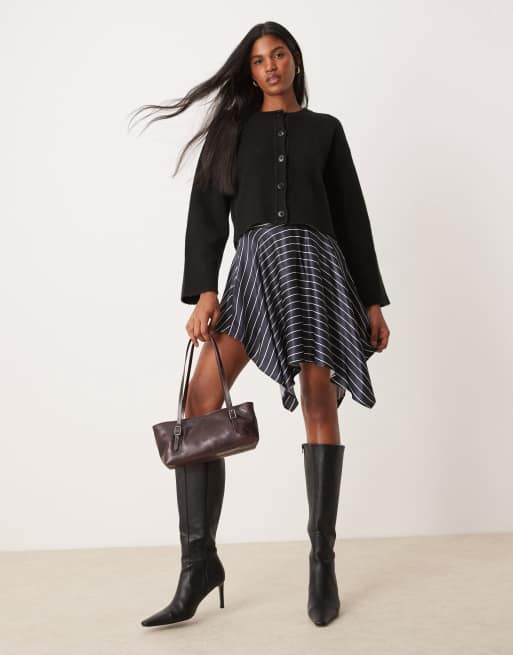 Miss Selfridge satin asymmetric hem mini skirt in navy pinstripe, 2 of 5