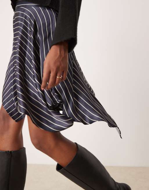 Miss Selfridge satin asymmetric hem mini skirt in navy pinstripe, 4 of 5