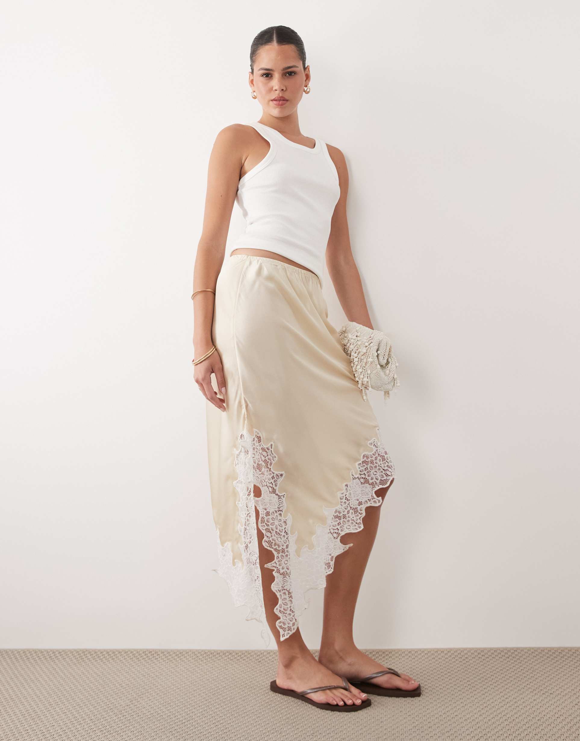 miss selfridge satin asymmetric maxi skirt in buttermilk