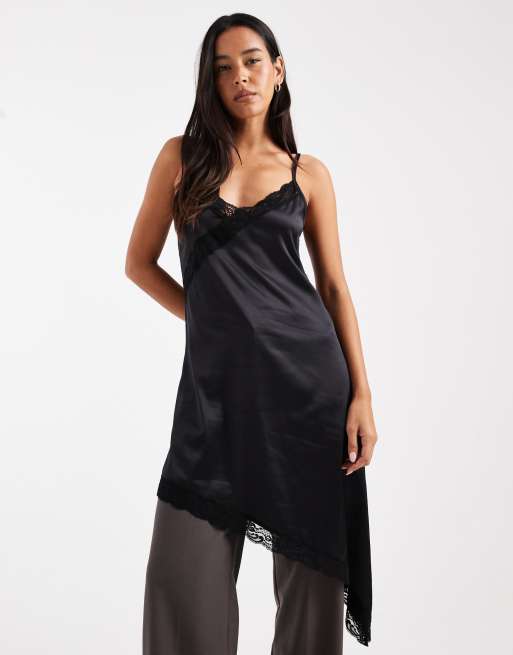 Miss Selfridge lace trim asymmetric dress in black