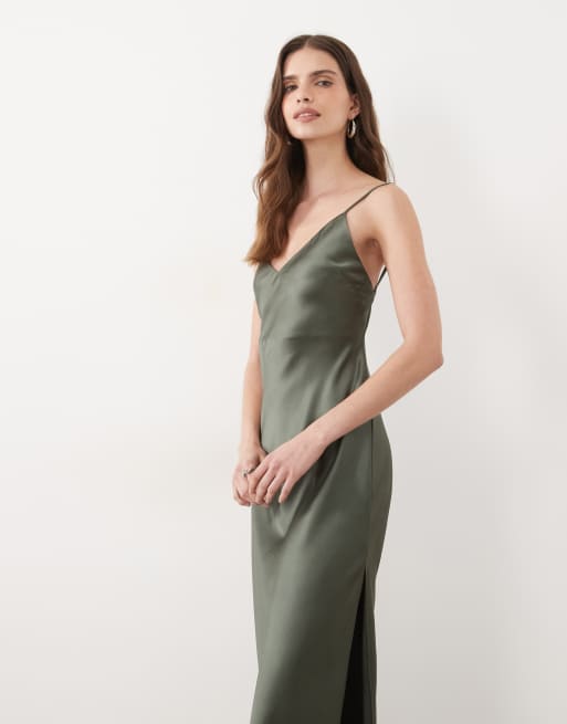 Miss Selfridge satin back detail maxi slip dress in khaki, 2 of 4