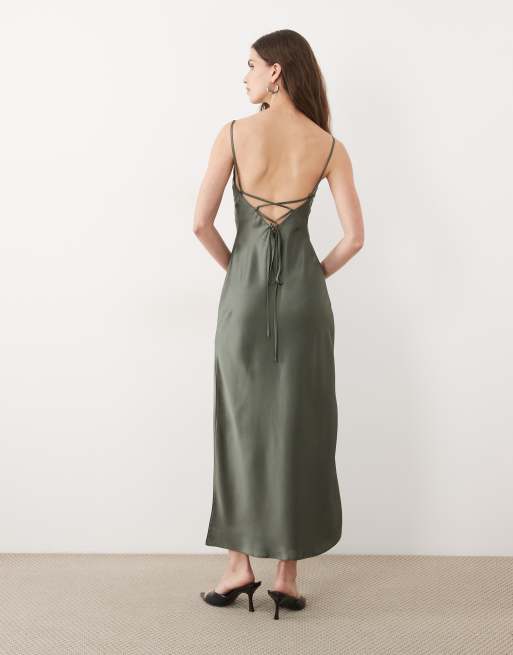 Miss Selfridge satin back detail maxi slip dress in khaki, 3 of 4