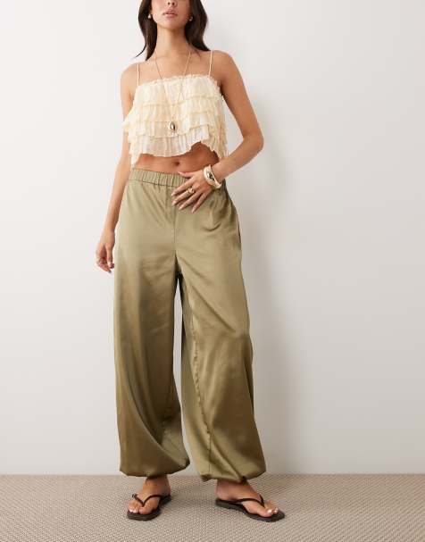 Miss Selfridge satin balloon pants in khaki - view 1