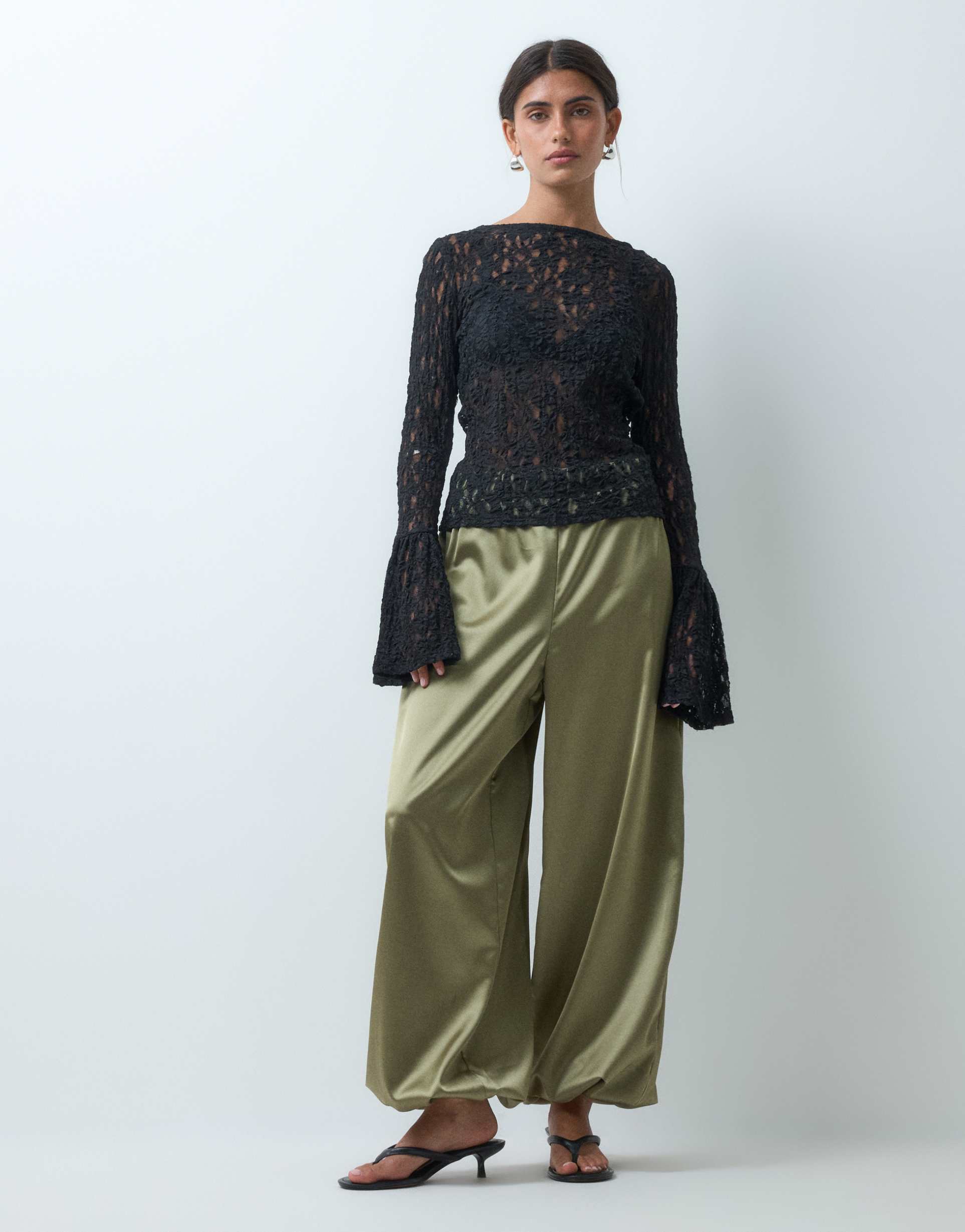 miss selfridge satin balloon pants in khaki