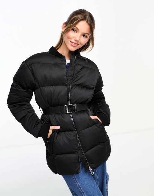 Miss Selfridge satin belted puffer in black | ASOS