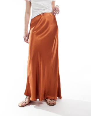 Miss Selfridge Satin Bias Bow Maxi Skirt In Brown