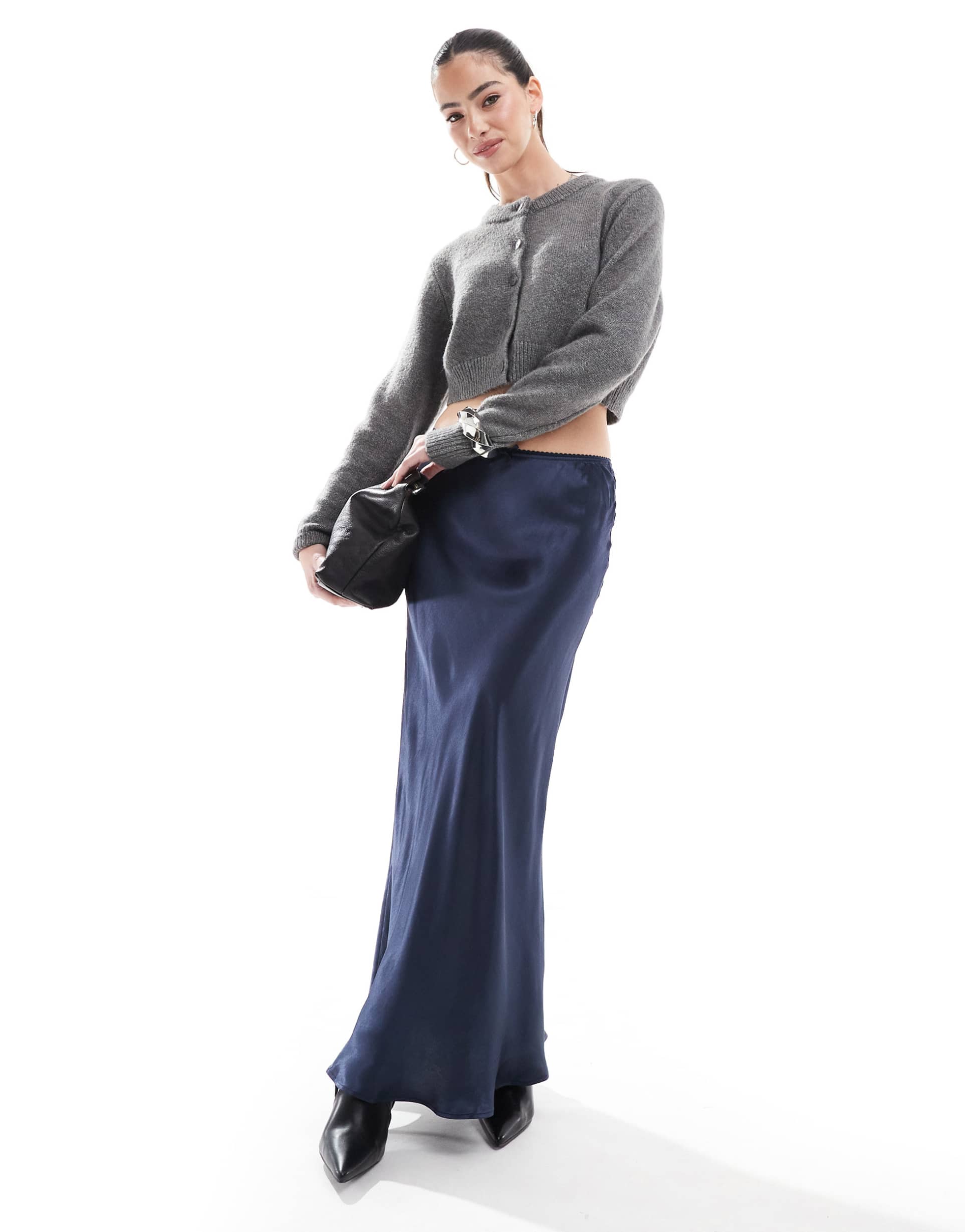 miss selfridge satin bias bow maxi skirt in navy
