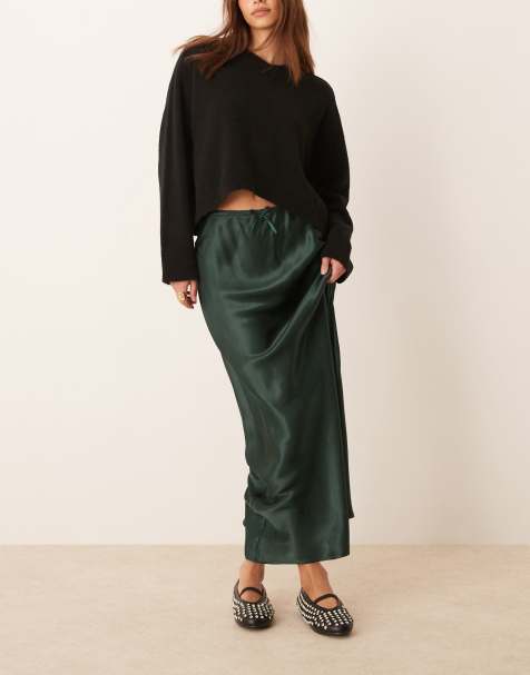 Miss Selfridge satin bias cut bow detail maxi skirt in dark green - view 1