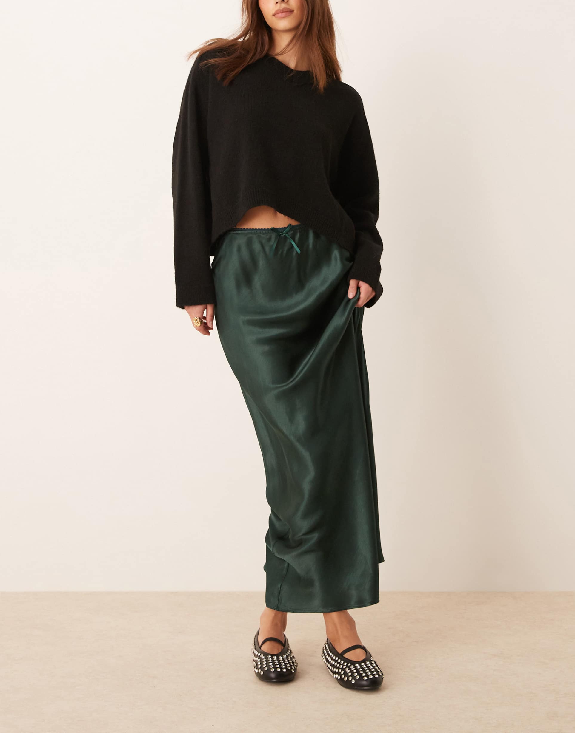 miss selfridge satin bias cut bow detail maxi skirt in dark green