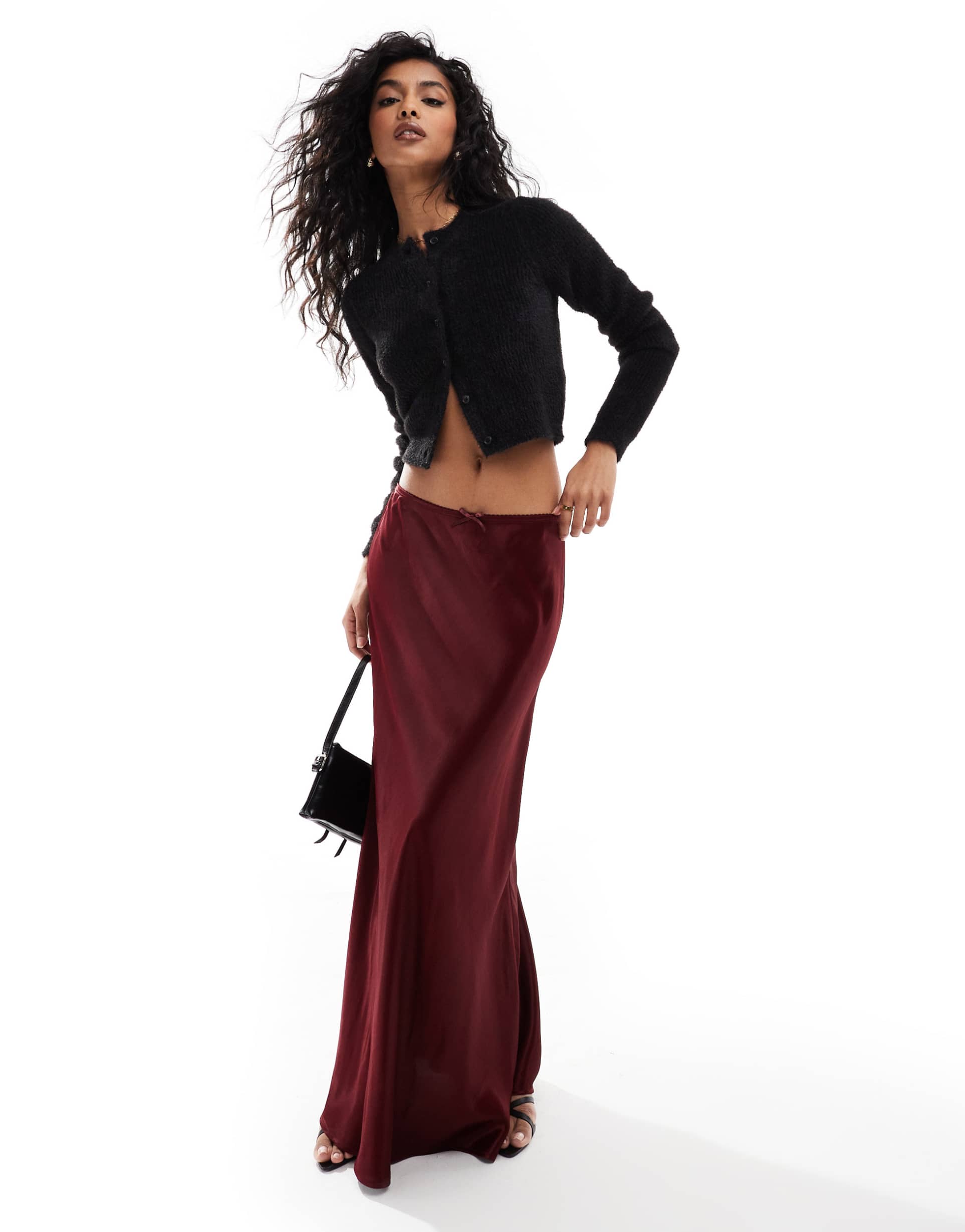 miss selfridge satin bias cut maxi skirt in burgundy