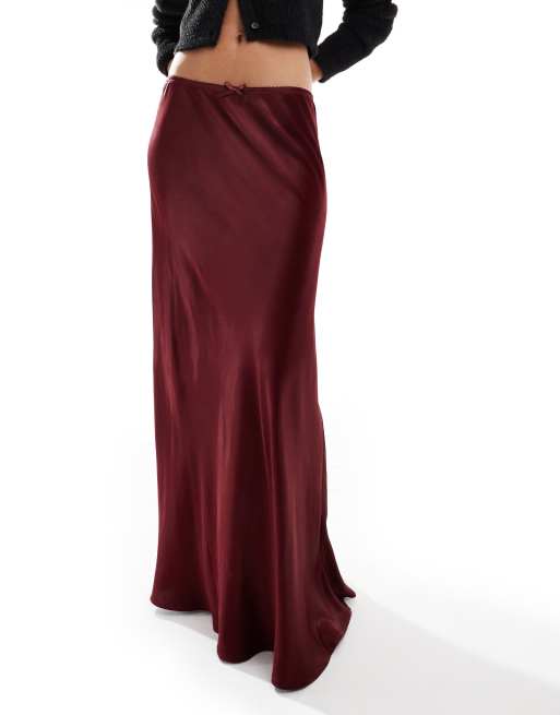 Miss Selfridge satin bias cut maxi skirt in burgundy