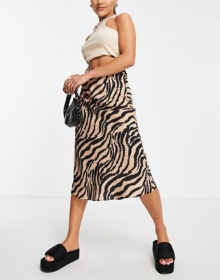 Miss Selfridge satin bias cut midi skirt in animal print
