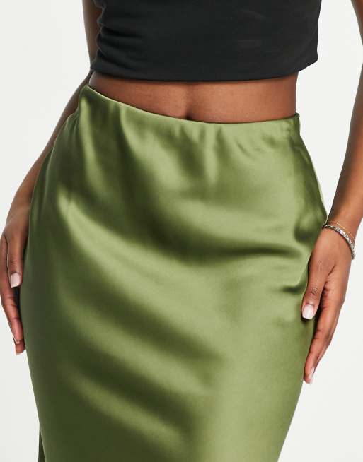 Satin bias cut top midi skirt khaki