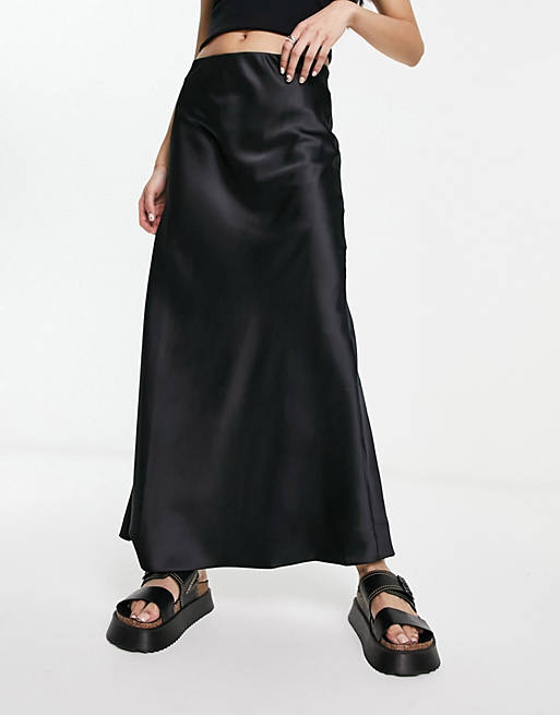Miss Selfridge satin bias maxi skirt in black | ASOS