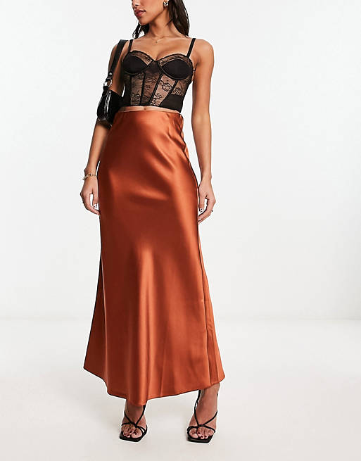 Miss Selfridge satin bias maxi skirt in bronze | ASOS