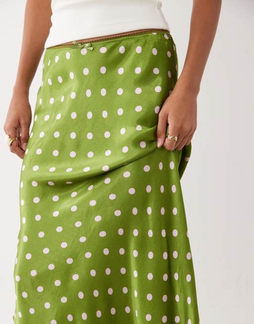 Miss Selfridge satin bias maxi skirt in green polka dot print, 3 of 5