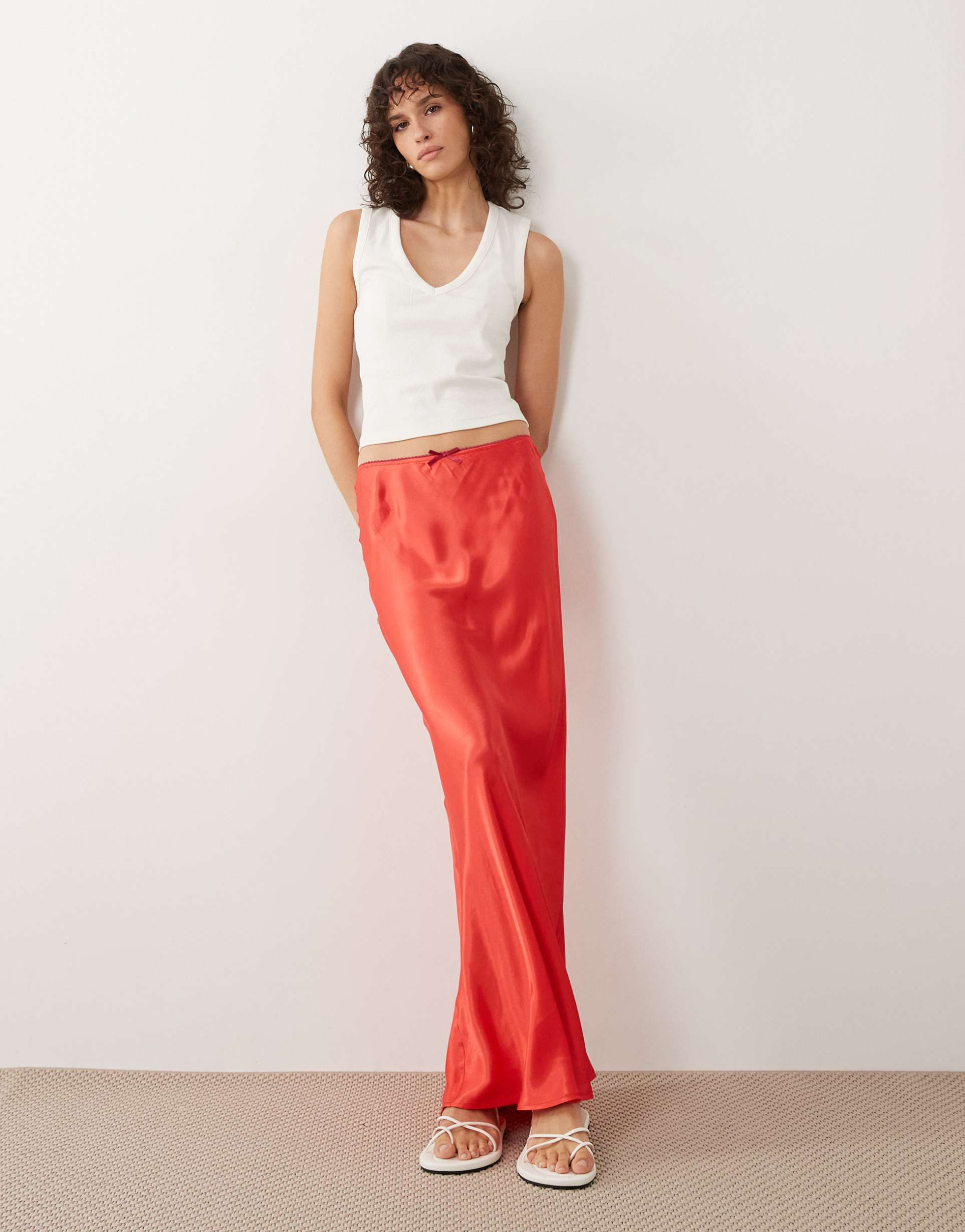 miss selfridge satin bias maxi skirt in red