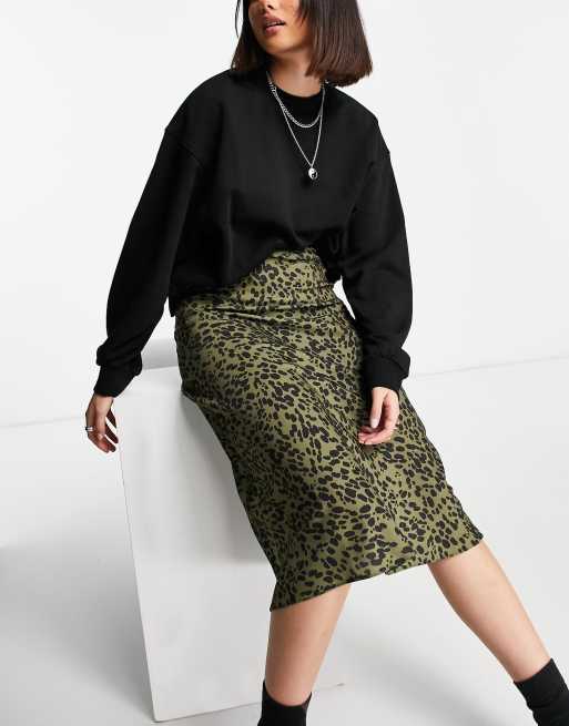 Khaki leopard print midi skirt sale