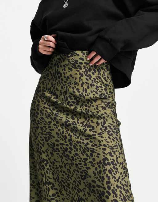 Miss Selfridge satin bias midi skirt in khaki animal print