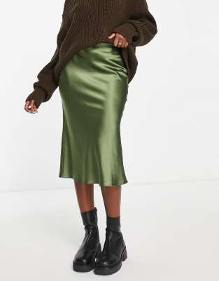 Miss Selfridge satin bias midi skirt in khaki  - ASOS Price Checker