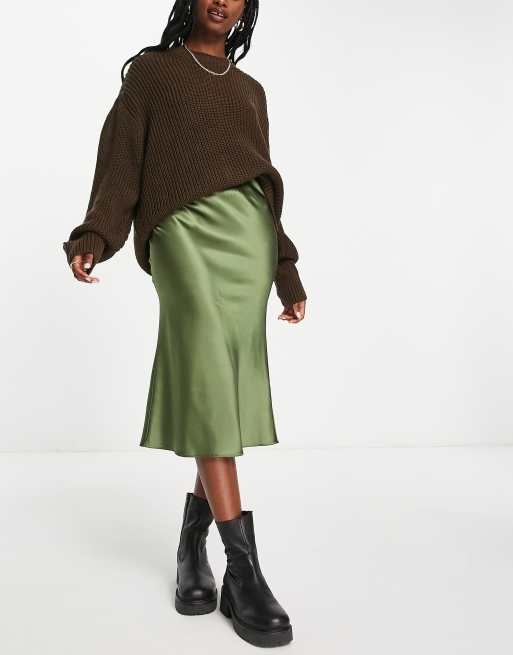 Satin bias cut midi skirt cheap khaki